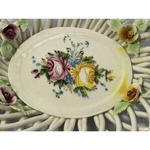 Vintage‎ 80s MCM Centerpiece Made Italy Ceramic Hand-Painted Floral Basket Bowl